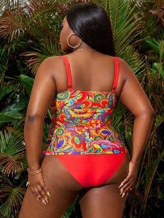 SHEIN Slayr CURVE طقم تانكيني صيفي مطبوع عصري للشاطئ بمقاس كبير