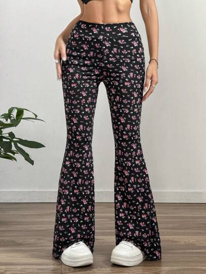 SHEIN EZwear سروال مطبوع بنقوش زهور بشكل متناثر مصنوع من الصوف محبوك لربيع وخريف، ملابس رمضان للنساء