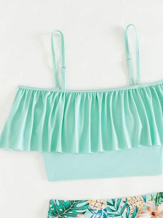 طقم تانكيني حريمي Swim Lushoire ملابس علوية نسائية مع تفصيل كتف عاري مزينة بحاشية متموجة وشورت سباحة بطبعات زهور، مناسبة لقضاء العطلات الصيفية على الشاطئ