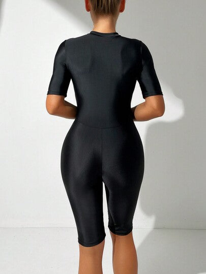 Swim SPRTY بدلة موج للنساء بأكمام قصيرة ونصف سحاب، بطبعة نباتية استوائية لإجازة الصيف على الشاطئ
