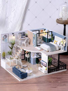 شقتان في دمية منزل مع غطاء الغبار ، غرف نوم وديكور، مجموعة نموذج DIY صنع باليد ، لعبة تركيب الألغاز ثلاثية الأبعاد خشبية ، هدية عيد ميلاد، ديكور الغرفة
