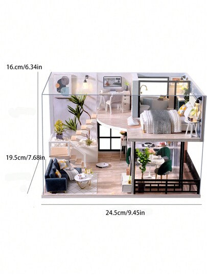 شقتان في دمية منزل مع غطاء الغبار ، غرف نوم وديكور، مجموعة نموذج DIY صنع باليد ، لعبة تركيب الألغاز ثلاثية الأبعاد خشبية ، هدية عيد ميلاد، ديكور الغرفة