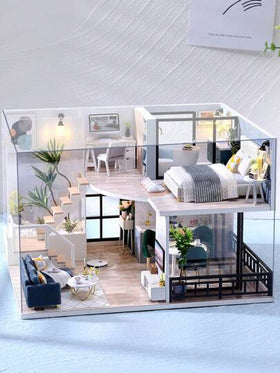 شقتان في دمية منزل مع غطاء الغبار ، غرف نوم وديكور، مجموعة نموذج DIY صنع باليد ، لعبة تركيب الألغاز ثلاثية الأبعاد خشبية ، هدية عيد ميلاد، ديكور الغرفة