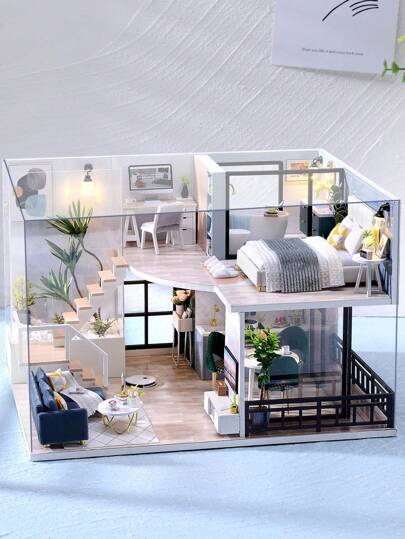 شقتان في دمية منزل مع غطاء الغبار ، غرف نوم وديكور، مجموعة نموذج DIY صنع باليد ، لعبة تركيب الألغاز ثلاثية الأبعاد خشبية ، هدية عيد ميلاد، ديكور الغرفة