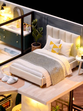 شقتان في دمية منزل مع غطاء الغبار ، غرف نوم وديكور، مجموعة نموذج DIY صنع باليد ، لعبة تركيب الألغاز ثلاثية الأبعاد خشبية ، هدية عيد ميلاد، ديكور الغرفة