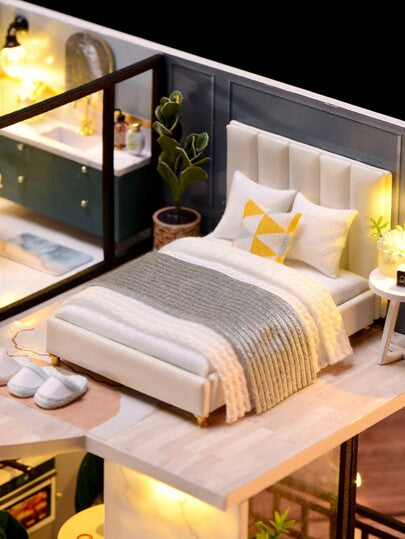 شقتان في دمية منزل مع غطاء الغبار ، غرف نوم وديكور، مجموعة نموذج DIY صنع باليد ، لعبة تركيب الألغاز ثلاثية الأبعاد خشبية ، هدية عيد ميلاد، ديكور الغرفة