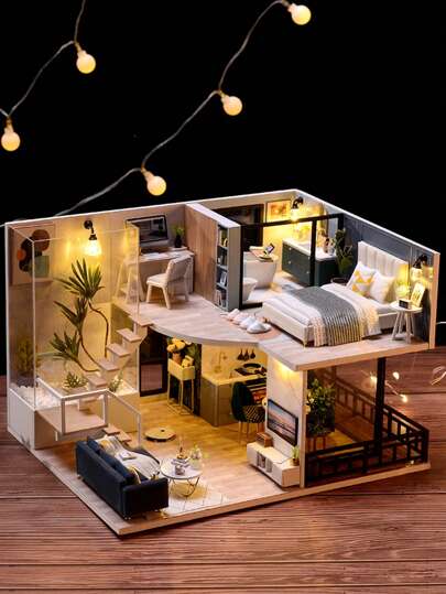 شقتان في دمية منزل مع غطاء الغبار ، غرف نوم وديكور، مجموعة نموذج DIY صنع باليد ، لعبة تركيب الألغاز ثلاثية الأبعاد خشبية ، هدية عيد ميلاد، ديكور الغرفة