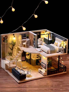 شقتان في دمية منزل مع غطاء الغبار ، غرف نوم وديكور، مجموعة نموذج DIY صنع باليد ، لعبة تركيب الألغاز ثلاثية الأبعاد خشبية ، هدية عيد ميلاد، ديكور الغرفة