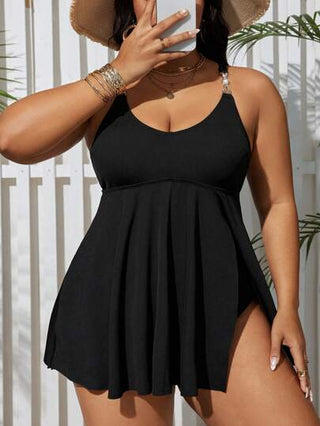 Swim Lushoire مجموعة تانكيني بيكيني صيفية بياقة دائرية للمقاسات الكبيرة مع ظهر متقاطع على شكل الصليب