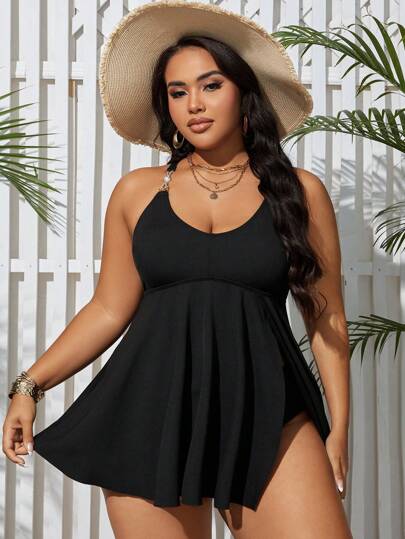 Swim Lushoire مجموعة تانكيني بيكيني صيفية بياقة دائرية للمقاسات الكبيرة مع ظهر متقاطع على شكل الصليب