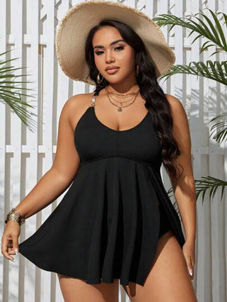 Swim Lushoire مجموعة تانكيني بيكيني صيفية بياقة دائرية للمقاسات الكبيرة مع ظهر متقاطع على شكل الصليب
