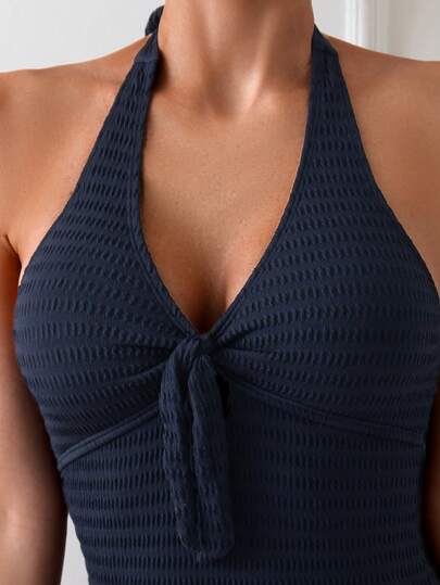 SHEIN Swim مايوه نسائي منقطع من قطعة واحدة عاري الذراعين برباط حول الرقبة وإغلاق برباط لموسم الصيف في الشاطئ للعطلة