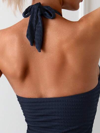 SHEIN Swim مايوه نسائي منقطع من قطعة واحدة عاري الذراعين برباط حول الرقبة وإغلاق برباط لموسم الصيف في الشاطئ للعطلة