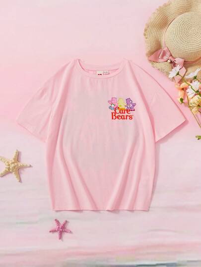 ملابس بناتي X Care Bears تي شيرت قطني فضفاض للفتاة في سن المراهقة برقبة دائرية وأكمام قصيرة بطبعة دب ألوان وحروف انجليزية
