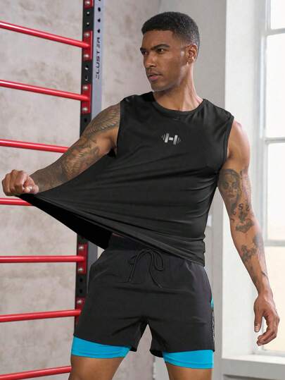 Manfinity Sport PWRUP ملابس علوية رياضي مطبوع عليه أثقال طراز خطيب للرجال