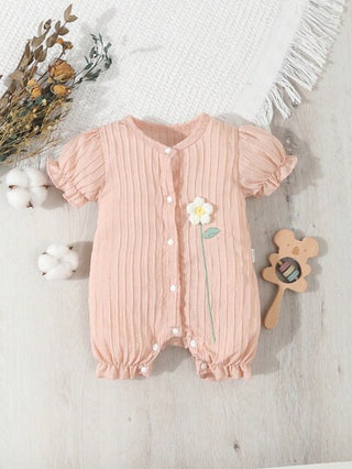 SHEIN بدلة قصيرة أكمام وردية محبوكة للرضع الإناث مكشوفة برسم زهرة صغيرة، ملابس منزلية