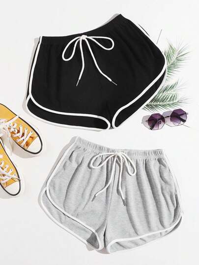 SHEIN EZwear شورت دولفين بخصر مع عقدة مجموعة من 2 لباس الصيف