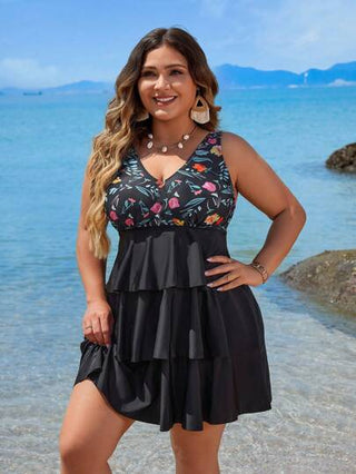 Swim Lushoire مجموعة بيكيني سباحة تانكيني مقاس زائد مزين بطبعات زهور وردية وبيضاء مجدولة لفصل الصيف