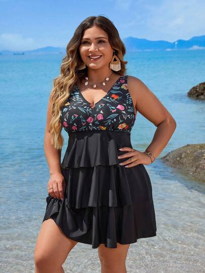 Swim Lushoire مجموعة بيكيني سباحة تانكيني مقاس زائد مزين بطبعات زهور وردية وبيضاء مجدولة لفصل الصيف
