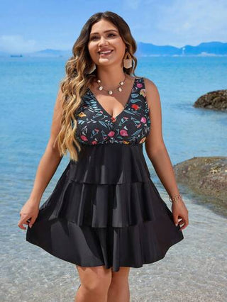 Swim Lushoire مجموعة بيكيني سباحة تانكيني مقاس زائد مزين بطبعات زهور وردية وبيضاء مجدولة لفصل الصيف