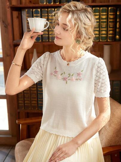 Knit Mix ملابس علوية تي شيرت نسائي أنيق مصنوع من الأقمشة المحبوكة على الطراز الفرنسي، مزين بالتطريز، أكمام قصيرة وقصة عادية، قطعة كاجوال بتصميم بسيط وعصري، مناسب لمناسبات العودة إلى المدرسة في فصلي الخريف والشتاء، ومناسب لمناسبات عيد الميلاد والشكر وراس ا