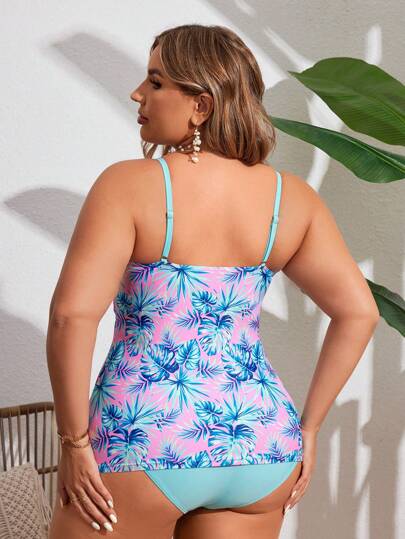 SHEIN Swim Curve طقم تانكيني نسائي بطبعة استوائية لإجازة الصيف على الشاطئ للمقاسات الكبيرة