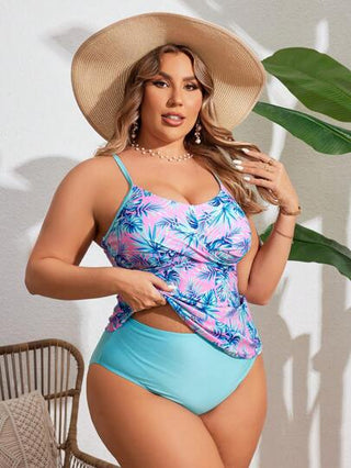 SHEIN Swim Curve طقم تانكيني نسائي بطبعة استوائية لإجازة الصيف على الشاطئ للمقاسات الكبيرة
