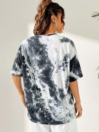 EZwear تي شيرت بياقة دائرية وطبعة تاي داي مزيج الرقع المحبوك للنساء