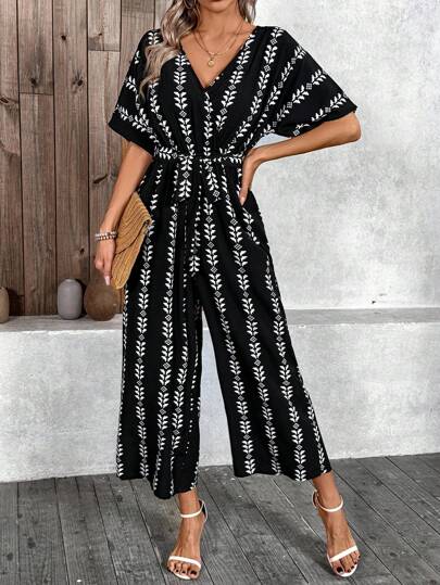 SHEIN LUNE جمبسوت كاملة الطباعة بياقة على شكل حرف V للنساء، كاجوال