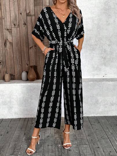 SHEIN LUNE جمبسوت كاملة الطباعة بياقة على شكل حرف V للنساء، كاجوال