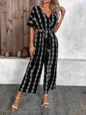 SHEIN LUNE جمبسوت كاملة الطباعة بياقة على شكل حرف V للنساء، كاجوال