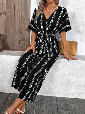 SHEIN LUNE جمبسوت كاملة الطباعة بياقة على شكل حرف V للنساء، كاجوال
