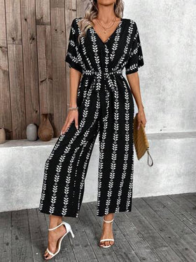 SHEIN LUNE جمبسوت كاملة الطباعة بياقة على شكل حرف V للنساء، كاجوال