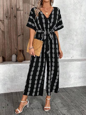 SHEIN LUNE جمبسوت كاملة الطباعة بياقة على شكل حرف V للنساء، كاجوال