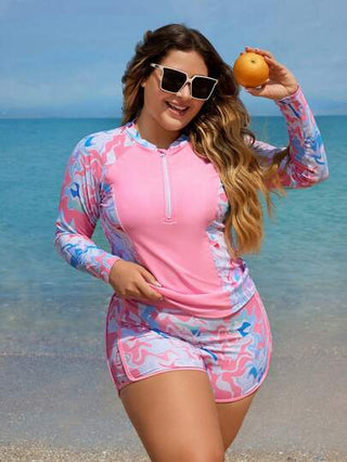 Swim SPRTY مجموعة حمالة راش جارد نصف سحاب، بمقاس زائد، وطبعة رسومات متباينة للشاطئ في الصيف