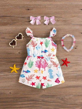 Travachic KIDS بدلة رومبير للأطفال الرضع الفتيات، محبوكة عارية مناسبة للصيف بنمط كارتون جذاب