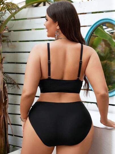 Swim Lushoire ملابس علوية بيكيني كبيرة الحجم مجوفة، بدون حمالات، بياقة V، ملابس شاطئ صيفية