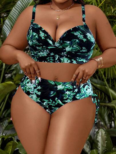 SHEIN Swim Curve مجموعة بكيني بحرية صيفية مقاس كبير طباعة نباتات، حمالة صدر متداخلة وجزء سفلي بجانب مربوط