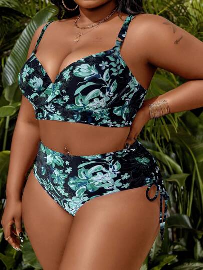 SHEIN Swim Curve مجموعة بكيني بحرية صيفية مقاس كبير طباعة نباتات، حمالة صدر متداخلة وجزء سفلي بجانب مربوط