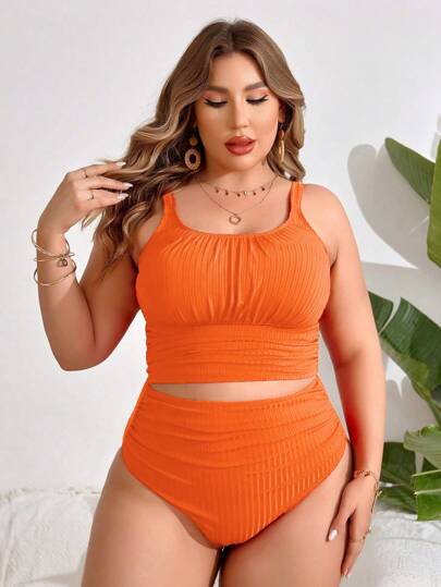 Swim Lushoire طقم تانكيني مخملي صلب مطوي الحجم الزائد للشاطئ في الصيف