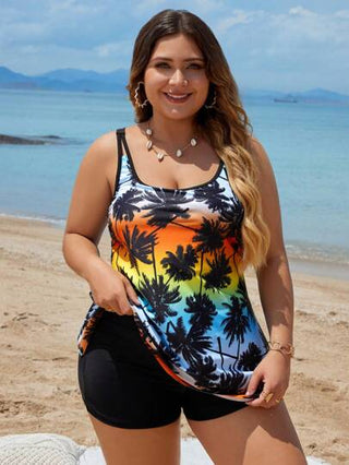 طقم تانكيني حريمي Swim Lushoire مجموعة تانكيني بنمط طباعة شجرة جوز الهند وتدرج الألوان للإجازات، مقاس زائد صيفية على الشاطئ