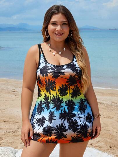 طقم تانكيني حريمي Swim Lushoire مجموعة تانكيني بنمط طباعة شجرة جوز الهند وتدرج الألوان للإجازات، مقاس زائد صيفية على الشاطئ