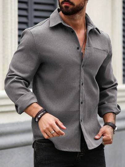 Manfinity Homme قميص كاجوال للرجال أحادي اللون بأكمام طويلة، مناسب للربيع/الخريف والشتاء