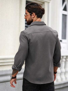 Manfinity Homme قميص كاجوال للرجال أحادي اللون بأكمام طويلة، مناسب للربيع/الخريف والشتاء