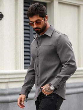 Manfinity Homme قميص كاجوال للرجال أحادي اللون بأكمام طويلة، مناسب للربيع/الخريف والشتاء