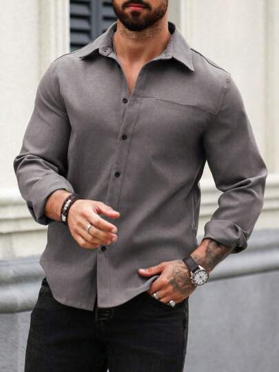 Manfinity Homme قميص كاجوال للرجال أحادي اللون بأكمام طويلة، مناسب للربيع/الخريف والشتاء