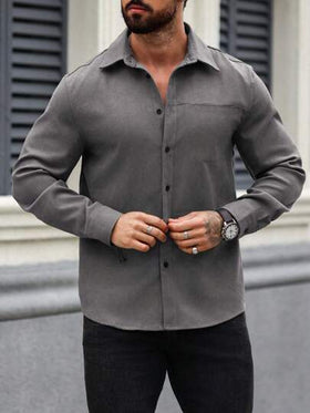 Manfinity Homme قميص كاجوال للرجال أحادي اللون بأكمام طويلة، مناسب للربيع/الخريف والشتاء