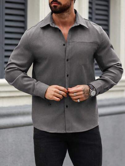 Manfinity Homme قميص كاجوال للرجال أحادي اللون بأكمام طويلة، مناسب للربيع/الخريف والشتاء