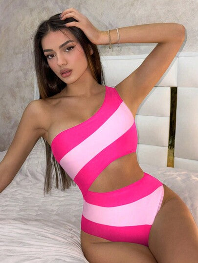 مايوه حريمي قطعة واحدة Swim مايوه نسائي من قطعة واحدة مع عنق منكمش ومفتوح من الكتف الواحد بتصميم حفريات ملونة