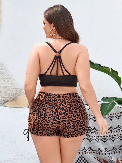 SHEIN Swim Curve مجموعة تانكيني نسائي صيفي مقاس كبير لباس علوي بسيط بموحد اللون وسروال قصير مطبوع بنمط فهد للشاطئ